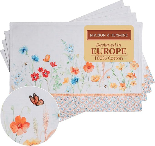 Maison d' Hermine Placemats Set of 4 100% Cotton Washable Cloth Place Mats, Reusable Table Mats for Kitchen Dining Decoration, Party, Wedding, Restaurant Spring/Summer (Summer Whisper, 13" x 19")
