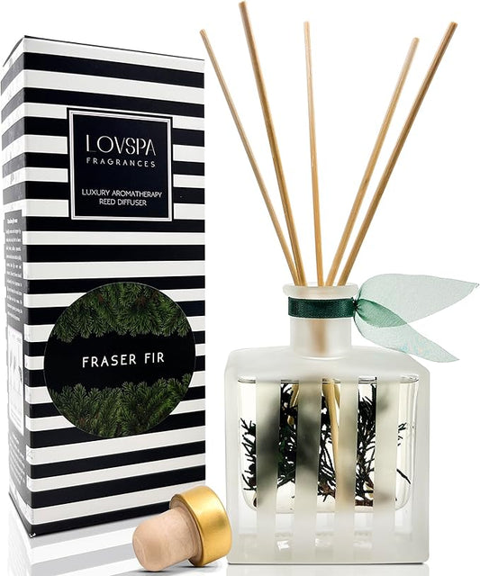 LOVSPA FRASER FIR Reed Diffuser Oil Gift Set | Pine, Evergreen and Pine with Fresh Woody Notes of Cedar and Sandalwood | Forest Inspired Scent in a Modern Striped Glass Bottle | Made in The USA