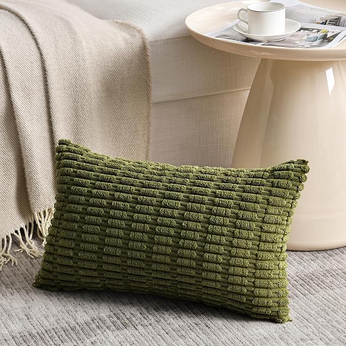 Fancy Homi 4 Packs Boho Moss Green Decorative Throw Pillow Covers 12x20 Inch for Couch Bed Sofa, Rustic Modern Farmhouse Home Decor, Soft Plush Corduroy Cute Rectangle Cushion Case 30x50 cm