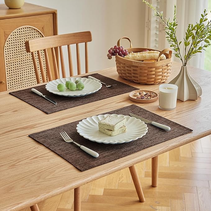 Softalker Faux Linen Placemats Set of 4-12 x 18 Inch, Heat Resistant Double Layered Durable Burlap Farmhouse Place Mats, Non-Slip Washable Rustic Table Mats for Dining, Kitchen, Party（Dark Brown