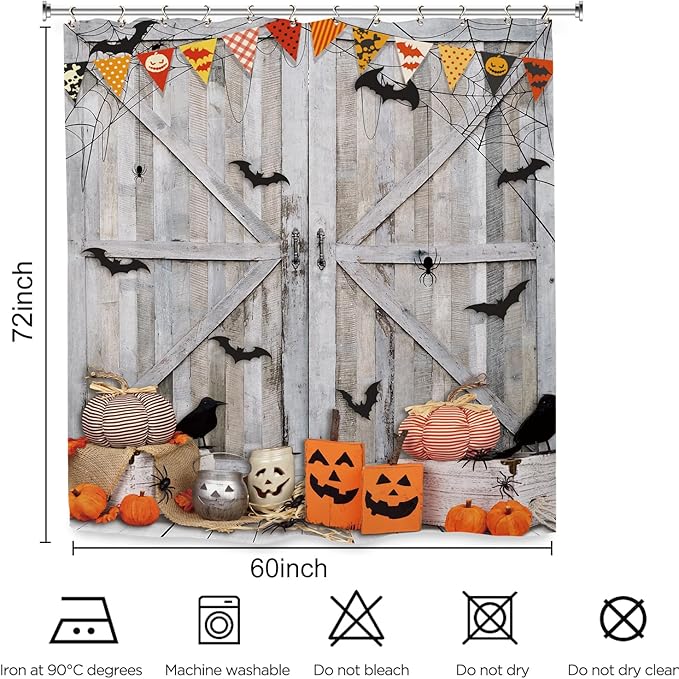 Halloween Pumpkin Bat Shower Curtain 60Wx72L Inch Horror Spooky Scary Barn Door Farmhouse Rustic Wood Wooden Holiday Bathroom Set Accessories Decor with 12 Pack Hooks