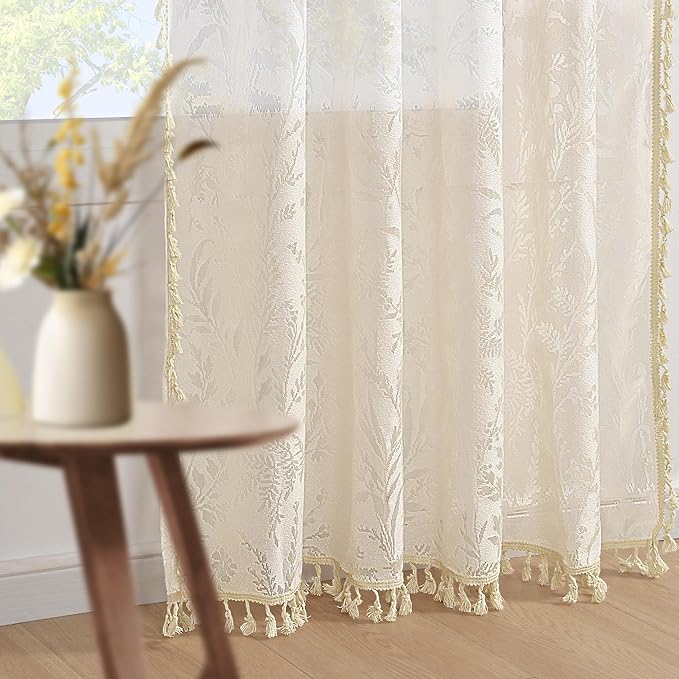 JOOJA Boho Lace Curtains 84 Inch Length 2 Panels Beige Sheer Floral Leaf with Tassels, Semi Blackout Privacy Curtains for Bedroom & Living Room Beige 52"x84"