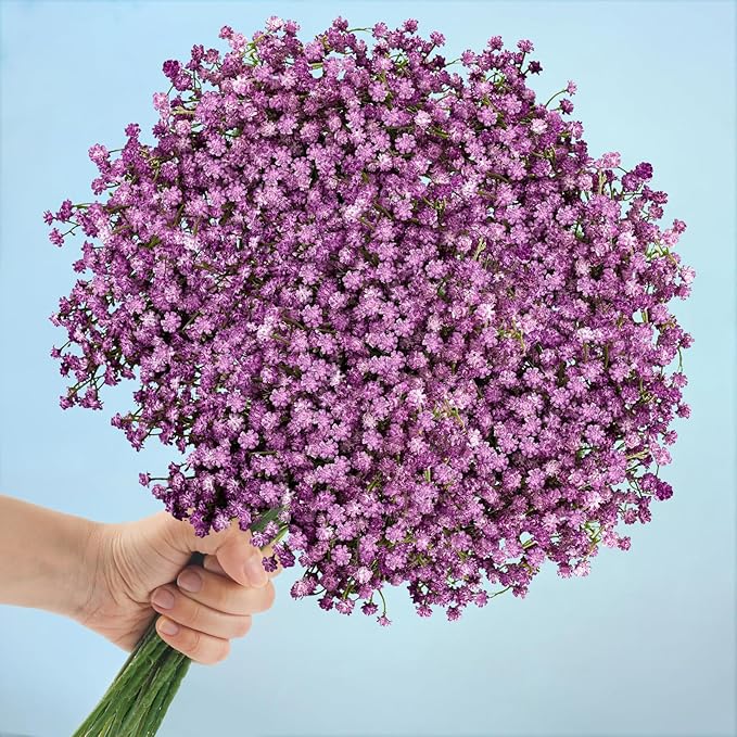 N&T NIETING Babys Breath Artificial Flowers Bulk, 10Pcs Fake Gypsophila Bouquet Flowers Real Touch Faux Babies Breath Arrangement for Wedding Floral Party Home Centerpieces Vase Decoration, Purple