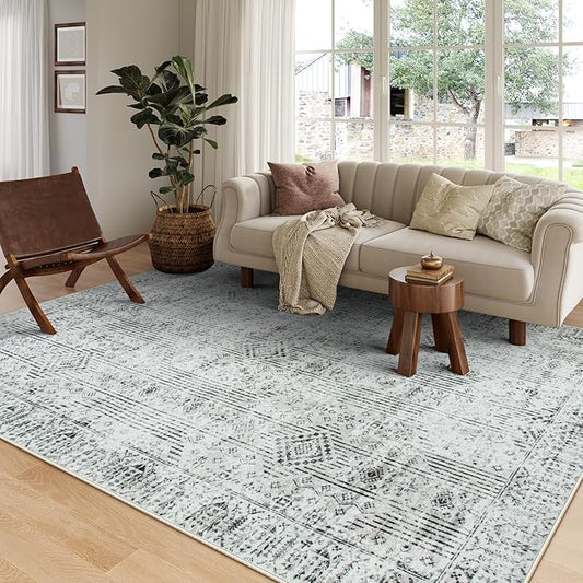 Lahome Farmhouse Washable Rug 8x10, Gray and Beige Dining Room Rugs for Under Table, Diamond Stain Resistant Large Carpets for Bedroom Office Living Room
