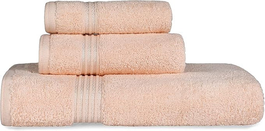 Superior Egyptian Cotton 3-Piece Towel Set, Basic Towels For Bathroom, Home Decor, Guest Bath, Shower, Apartment, Included 1 Face, 1 Hand, 1 Bath Towel, Washcloth, Quick Dry, Peach