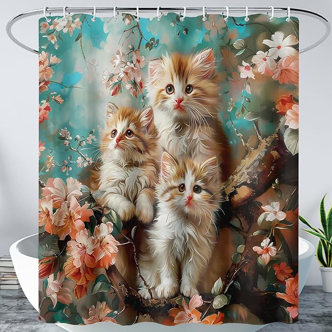 AILONEN 3D Kawaii Cat Shower Curtain Set,Cat Lovers Animal Waterproof Fabric Bath Curtain for Kids Girls Boys,Pink Cherry Blossom Shower Curtains for Bathroom Decor, 48" W*72" H