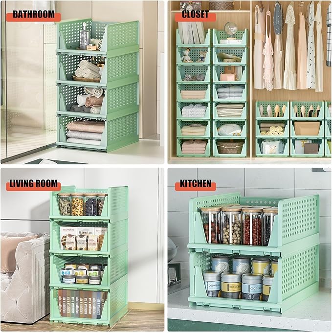 Neprock Closet Organizers - 5 Pack Folding Plastic Drawer Storage for Clothes, Stackable Bins for Closet, Cupboard, RV Bathroom (5L Green)