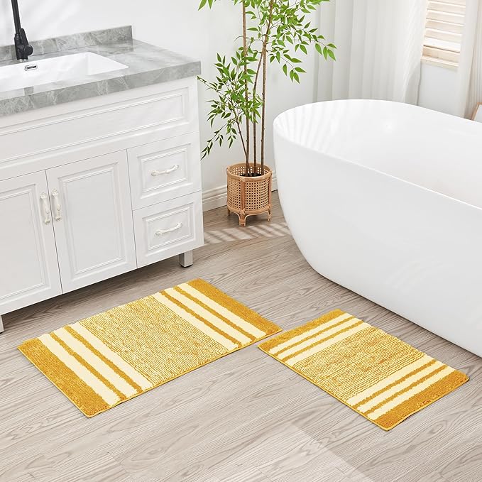 CozeCube Yellow Striped Bath mats for Bathroom Non Slip, Fluffy Absorbent Microfiber Bath mat Washable, Aesthetic Bathroom Rugs, Large Bath mat for Sink, 36" x 24"