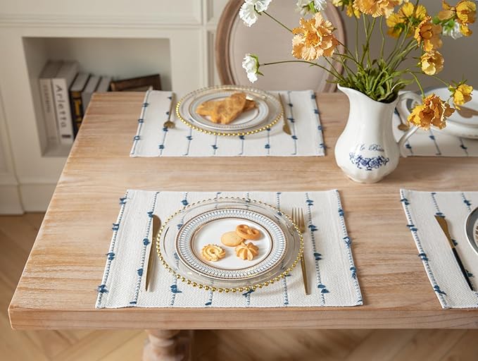 Boho Placemats Set of 6 for Dining Table Decor, Woven Cloth Place Mats for Farmhouse Rustic Kitche Home Decor, Cotton Placemats 13 x 19 Inch, Blue and Beige Table mats