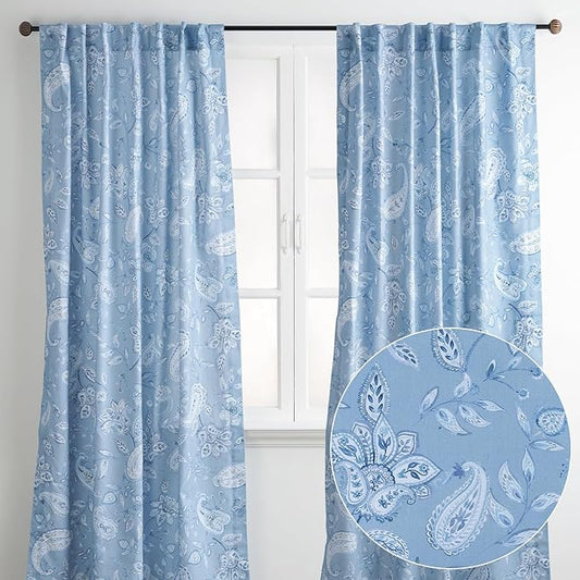 Maison d' Hermine Curtains for Living Room 100% Cotton 124 inch Length Two Panels Light Filtering Curtains for Bedroom Windows with Rod and Loop Pockets Drapes (Ramage Steel Blue, 50" W x 124" L)