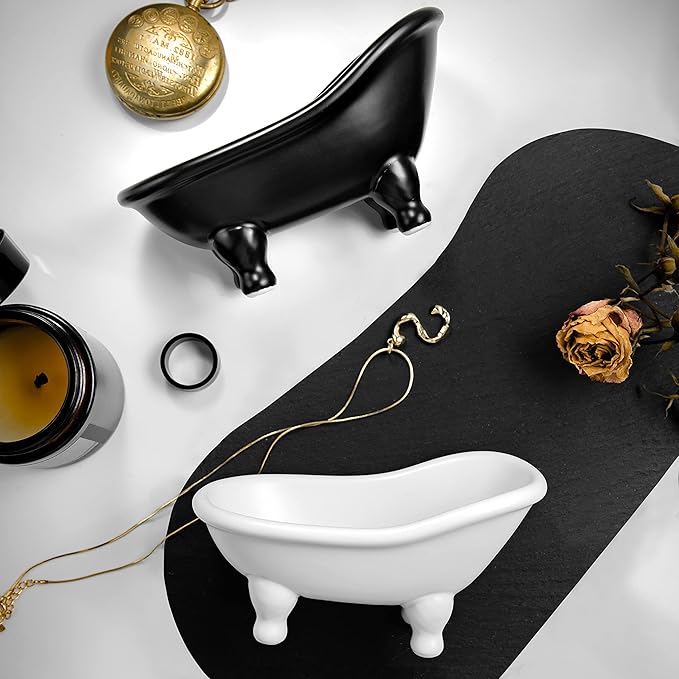 1piece 5.6" Black Ceramic Mini Bathtub Soap Dish Small Planter Makeup Organizer Container Hamster Bathtub (Black)
