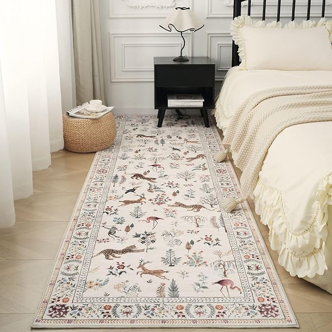 Runner Rug for Kitchen Non Slip 2'6''x8' Washable Rugs with Rubber Backing Soft Floral Animal Carpet Runner for Kitchen, Laundry, Bedroom, Bathroom (Beige)