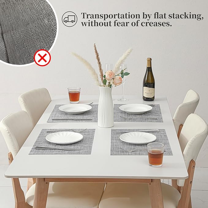 Leetaltree Linen Grey Placemats Set of 8 - Heat Resistant Non-Slip Place mats for Dining Table, Washable Durable PVC Vinyl Woven Table Mats（Linen Grey, 8）