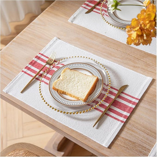 Placemats Set of 4 for Dining Table, Woven Cloth Place Mats for Kitchen Tabletop Décor, Handcrafted Machine Washable Cotton Table mats 13 x 19 Inch, Red and Beige