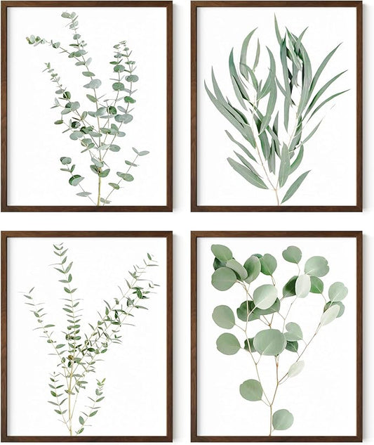 HAUS AND HUES Botanical Plant Wall Art Prints - Set of 4 Plant Wall Decor Prints, Floral Kitchen, Flower Leaves Wall Art, Boho Leaf Eucalyptus Wall Decor, Green Botanical Poster (Walnut Frame, 8x10)