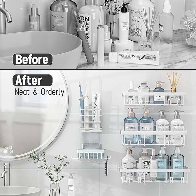 10 Pack Shower Caddy Organizer Rack Shelf for Inside Shower, Self Adhesive Wall Storage Basket Rustproof Stainless Steel Shampoo Holder Bathroom Accessory Decor Set, White