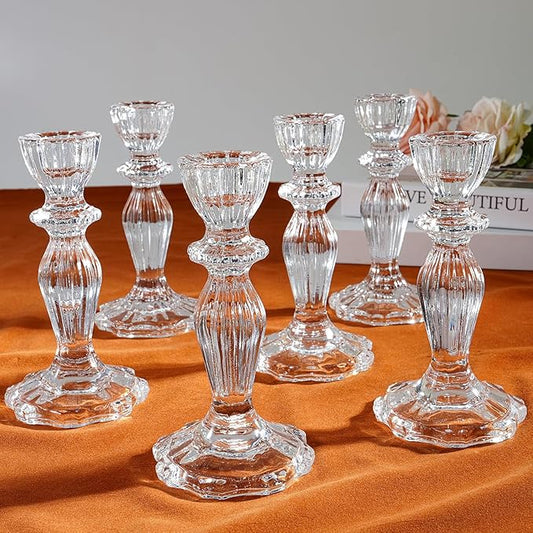 6.2" Tall Glass Candle Holder Set of 6 Taper Candle Holders for Candlesticks Clear Crystal Glass Candlestick Holders Candle Sticks Holder Decor for Wedding, Birthday, Thanksgiving,Housewarming
