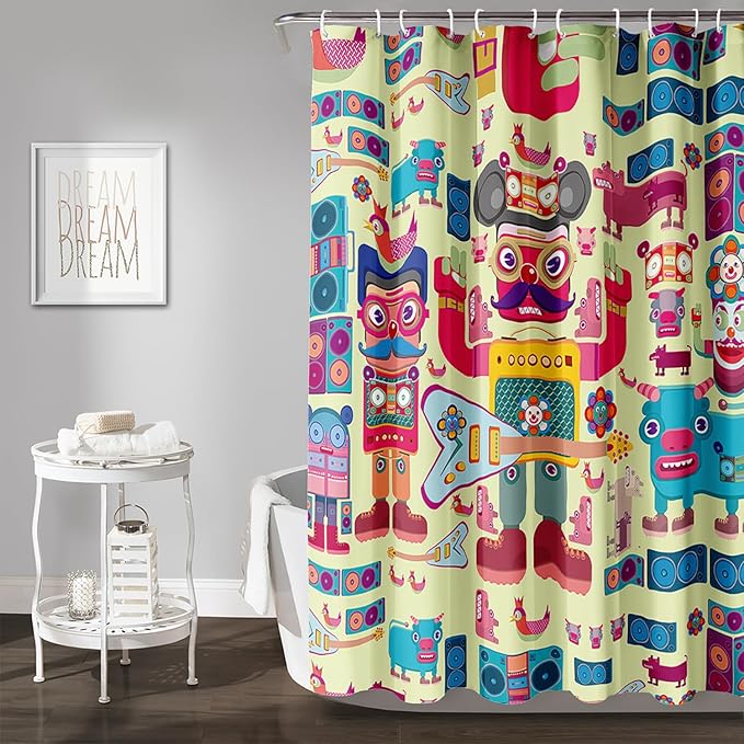 AILONEN Cartoon Robot Shower Curtain Sets,Beautiful Music Guitar Robots Theme Bathroom Decors, 72" W*96" H Cute Shower Curtain for Boys Girls Teens Kids