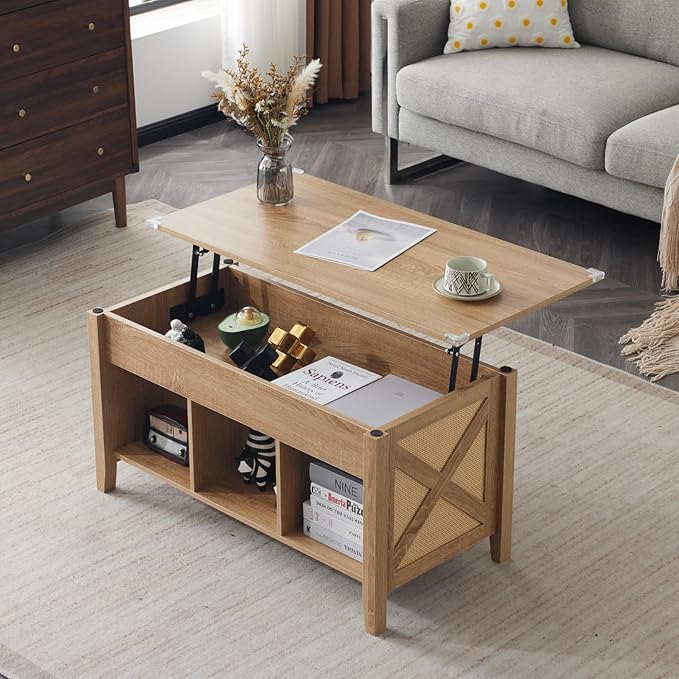 VINGLI Lift Top Coffee Table, Oak Top with Rattan Frame, Farmhouse Cross-Sided Design, with Storage Shelf/Hidden Compartment, Gas Lift Mesa De Centro para Sala Pop Up Coffee Table