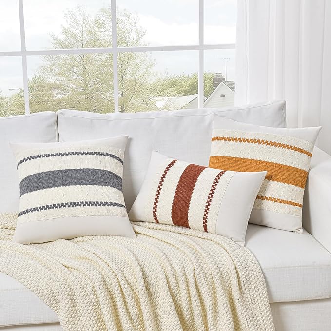 Fancy Homi Set of 2 Neutral Grey Farmhouse Decorative Throw Pillow Covers 20x20 Inch for Couch Bed Chair Indoors, Vintage Country Rustic Retro Room Decor, Soft Thick Cotton Handmade Woven Cushion Case