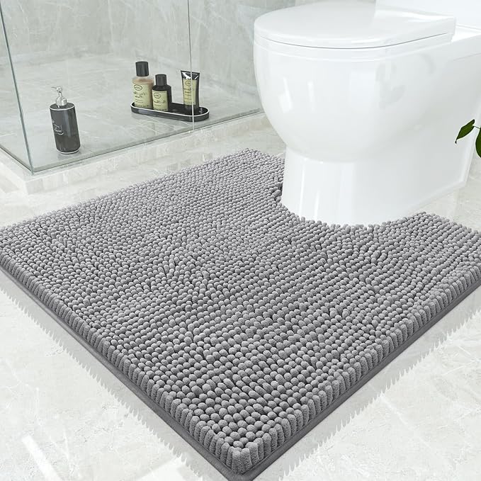 Smiry Luxury Chenille Toilet Rugs U-Shaped 24x24, Soft Absorbent Non-Slip Contour Bathroom Rugs for Toilet, Machine Washable Contoured Bath Mats, Grey