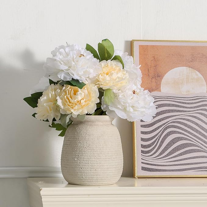 Ceramic Flower Vase, 7.48 Inch White Rustic Farmhouse Decorative Vase Pottery Wide-Mouth Vases for Home Decor Table Living Room Entryway Mantel Bookshelf Bedroom Bathroom Kitchen