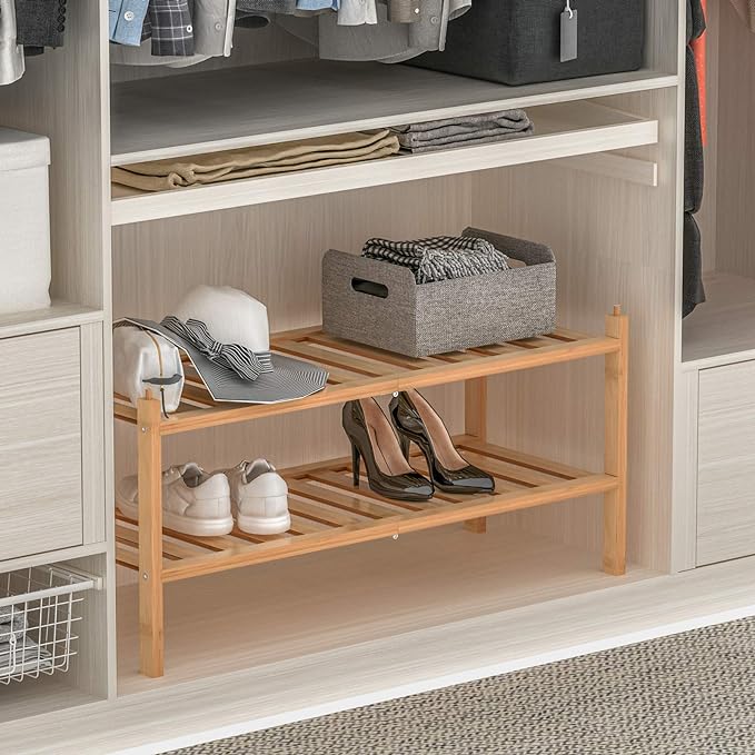 Shoe Rack, 2-Tier Bamboo Stackable Shelf Storage Organizer, Stand for Closet, Entryway, Hallway, Bathroom and Living Room（Natural）