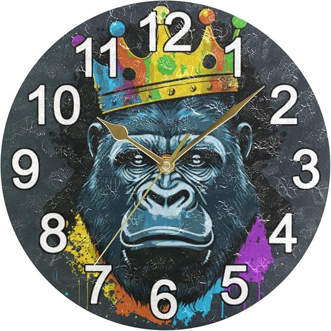 Gorilla with Crown Wall Clock Non Ticking Silent Kitchen Clock Large Battery Operated Clocks 10 inch for Living Room Bedroom Decor