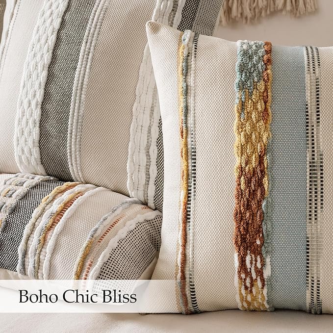ANRODUO Pack of 2 Boho Decorative Throw Pillow Covers 18x18 Farmhouse Cushion Case Striped Chenille Pillow Cases Square Pillow Covers Accent Neutral Pillowcase for Sofa Couch Bed, Blue-Earth Tones