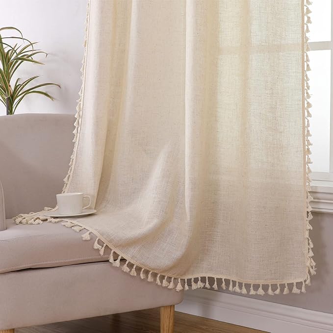 Joydeco Linen Boho Curtains 63 Inch Length 2 Panels, Super Soft Bohemian Farmhouse Curtains with Tassels, Semi Sheer Light Filtering Drapes for Bedroom Living Room (Rod Pocket, 52Wx63L)