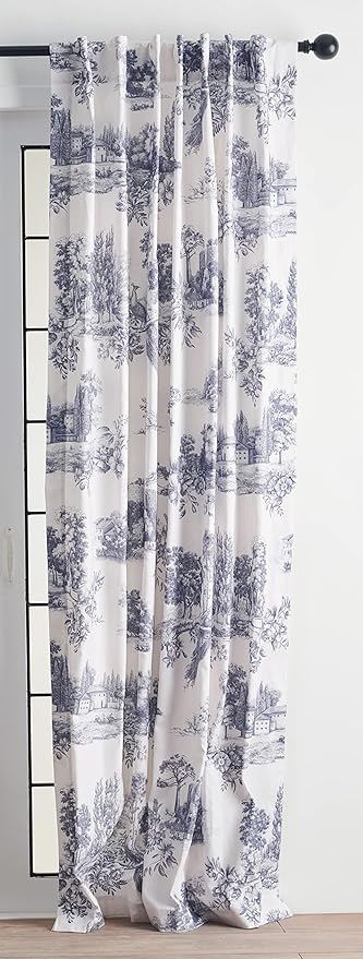 Maison d' Hermine Curtains for Living Room 100% Cotton 124 inch Length Two Panels Light Filtering Toile Curtains for Bedroom Windows with Rod and Loop Pockets Drapes (Trianon Blue, 50" W x 124" L)