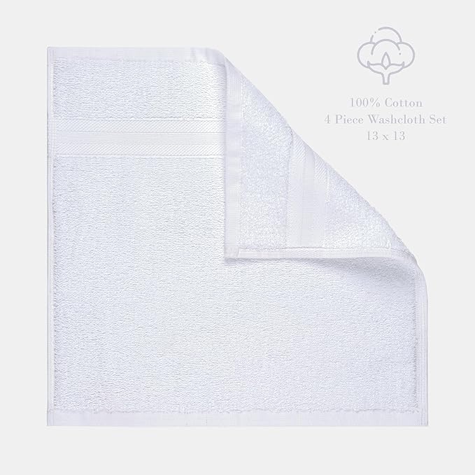 Quick-Dry, Soft & High Absorbent Washcloths Towels 13"x13" Cotton Turkish Bath Towel Set of 4 | Daily Use 100% Cotton Towels for Bathroom Gym & More | Bathroom Towels Set (4 Pcs, White)