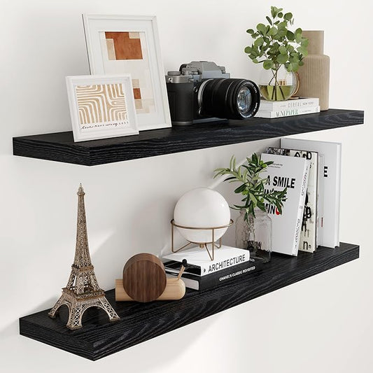 48"W x 9"D Floating Shelves Set of 2, 9.3 Inch Deep Floating Shelves Wall Mounted, Wide Wall Shelves Invisible Bracket, Deep Storage Shelves for Living Room, Bathroom, Kitchen, Black Color