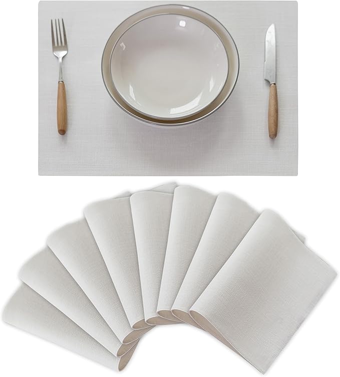 Demetex White Place Mats Set of 8 Washable Linen Placemats Heat Resistant Decorative Table Placemat for Holiday Party Wedding, 13x19 inch, Pure White