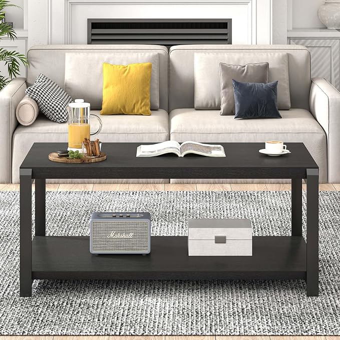 EXCEFUR Black Coffee Table, Modern Rustic Wood Center Table for Living Room, Industrial Rectangle Cocktail Tea Table with Storage Shelf