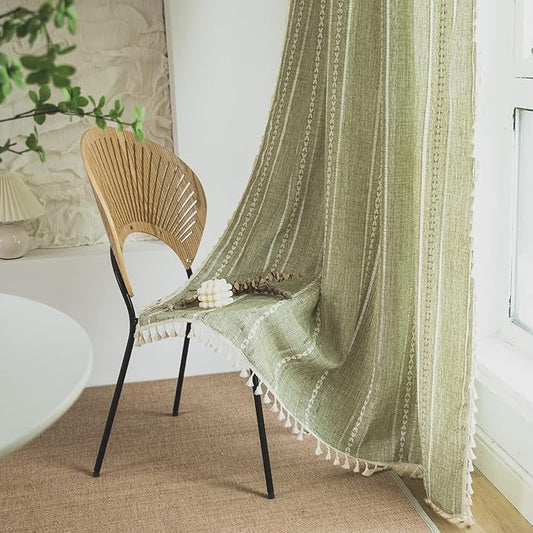 Sutuo Home Boho Curtain for Bedroom Living Room 96 Inches Long, Light Filtering French Country Farmhouse Vintage Chic Tassels Hollow Window Treatment Bohemian Drape, 1 Panel 52" W x 96" L, Green