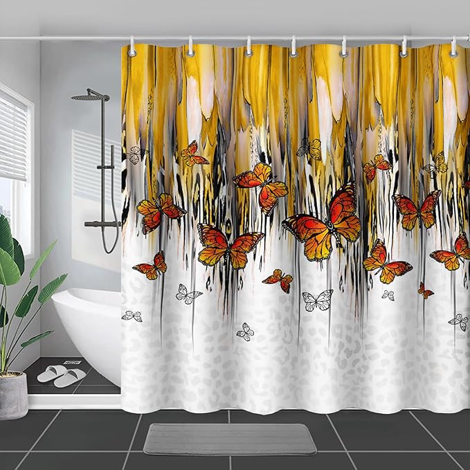 AILONEN Butterfly Shower Curtain for Bathroom Yellow Ink Fluid Painting Grey Leopard Bath Curtain 48" W*72" H Polyester Fabric Waterproof Bathroom Curtain with 12 Hooks