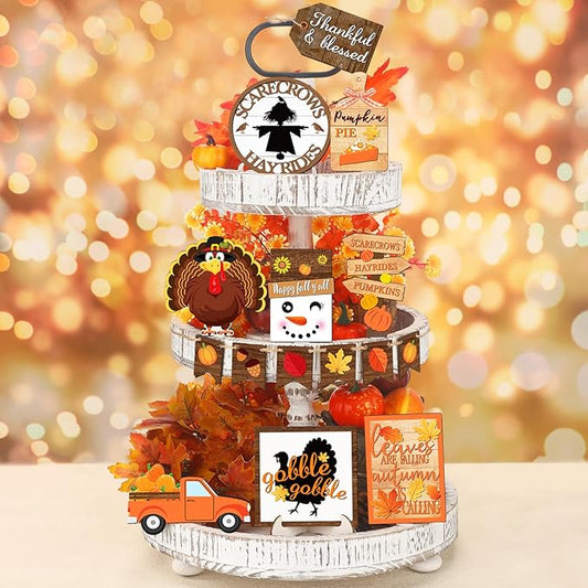 15 Pcs Fall Tiered Tray Decor Set Thanksgiving Fall Pumpkin Home Decorations Rustic Farmhouse Pumpkin Truck Wooden Sign Spice Blocks Autumn Wooden Sign for Festival Gift Tabletop