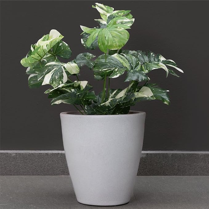 Elly Décor 12 inch Planter for Garden with Drainage, Large Round, Lightweight & Extremely Durable, Deck Indoor/Outdoor Plastic Pot, 12"x12"x7", Light Grey