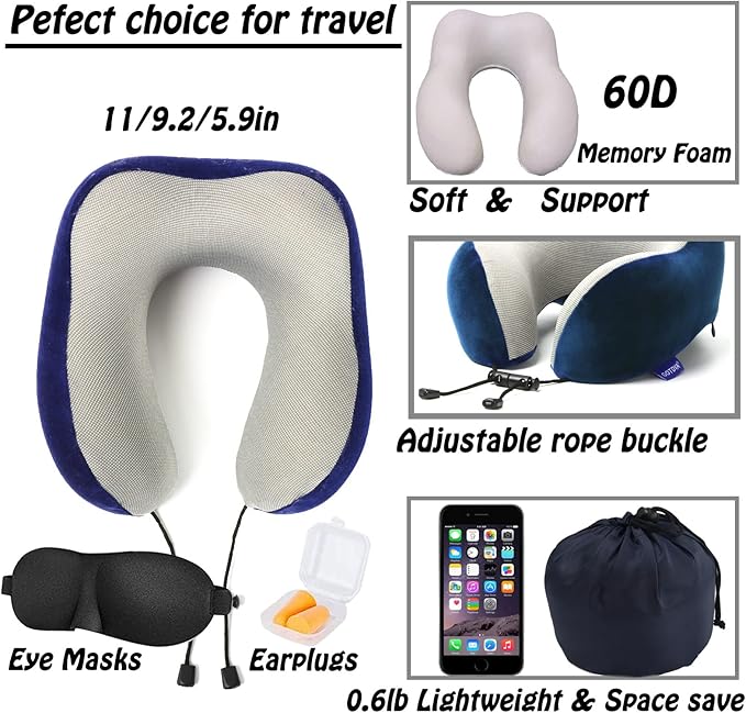 GOTDYA Travel Pillow,Travel Neck Pillows for Sleeping,100% Pure Memory Foam Soft Comfort & Support Pillow for Airplane/Car/Office&Home Rest Use-Blue