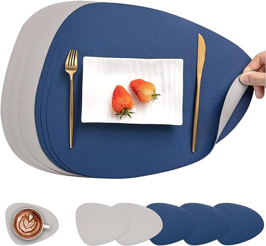 Myir JUN Placemats, Dual-Sided Placemats Waterproof Faux Leather Placemats Set of 6 Place Mats and Coasters Non-Slip Washable Table Mats for Dining Table (Light Gray Blue, Set of 6)