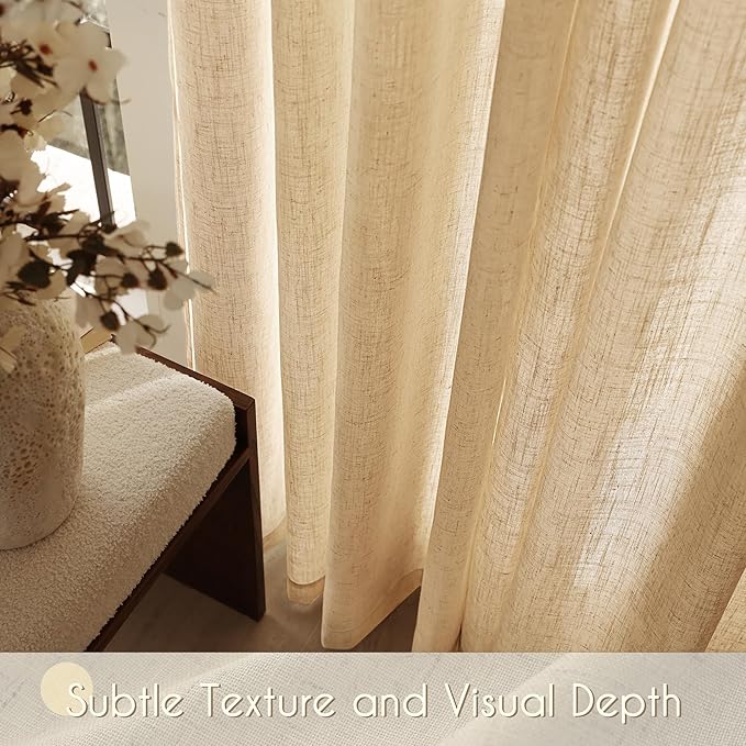 Tan Linen Curtains 108 inches Long for Living Room Back Tab Rustic Farmhouse Semi Sheer Light Filtering Window Curtain Dining Room Soft Thick Flax Linen Textured Drapes Kahki 52x108