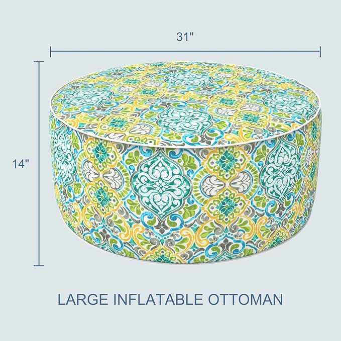 LVTXIII Indoor/Outdoor Inflatable Ottoman, D31 x H14 Inch Large Round Ottoman, All Weather Foot Rest Stool, Portable Footrest for Patio, Garden, Camping and Home - Damask Green