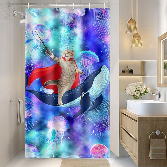 Aimego Stall Small Shower Curtain - Funny Cute Cat Riding Whale on Fantasy Space Galaxy Jellyfish Narrow Half Fabric Cloth Shower Curtain Set for Kids Bathroom Decor Bath Curtain, 36"x72"