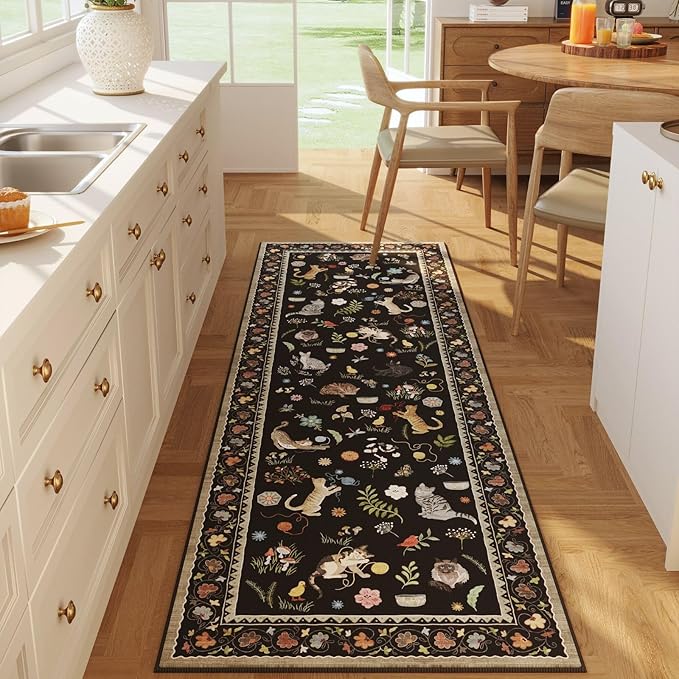 Runner Rug for Kitchen Non Slip 2'6''x8' Washable Rugs with Rubber Backing Soft Floral Animal Cat Carpet Runner for Kitchen Laundry Bedroom Bathroom, Black