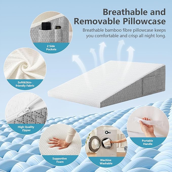 Bed Wedge Pillow for Sleeping, 12 inch Wedge Pillow for Back Pain Relief, Bed Wedge Pillow for Acid Reflux and Gerd, Wedge Pillows for Sleep Apnea, Sleep Wedges for Adults, Anti Snore Pillow(12 inch)