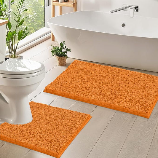 LuxUrux Bathroom Rugs Sets 2 Piece: Quick Dry, Soft Plush Anti-Slip, Super Absorbent. Includes Rectangular (31x20 inches) & U-Shaped Toilet Mat (20x20 inches) | Orange