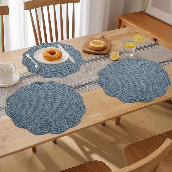 HOMBYS Quilted Placemats Set of 6 Washable Round Placemats for Kitchen Table-100% Cotton Fabric 13 Inch Round Table Mats, Cotton Fabric with Microfiber Filling, (13"x13", Blue)