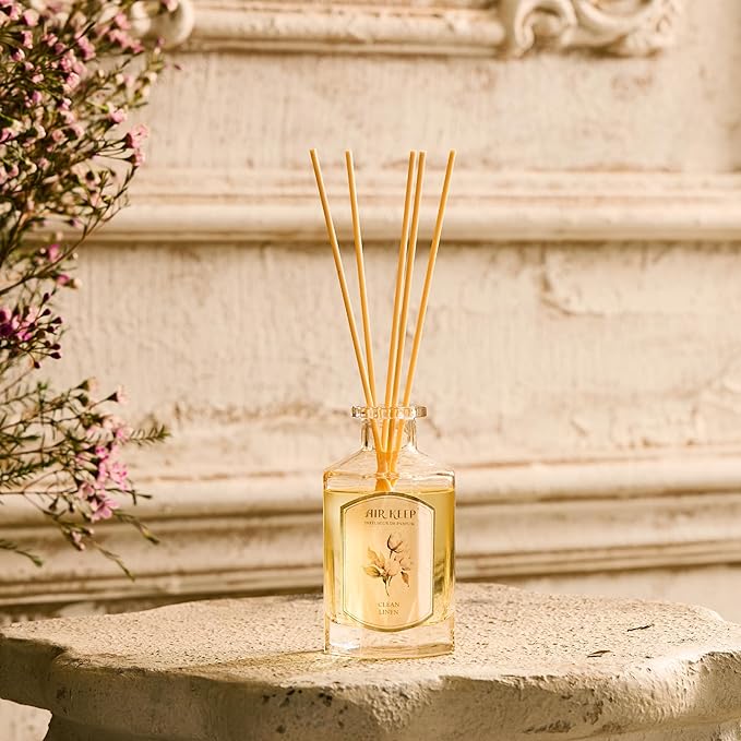 Airkeep Reed Diffuser Set-6.09 oz (180ml) Clean Linen Lemon Bergamot Scented Diffuser with 8 Reed Sticks Home Fragrance Oil Diffuser for Bathroom Shelf Decor