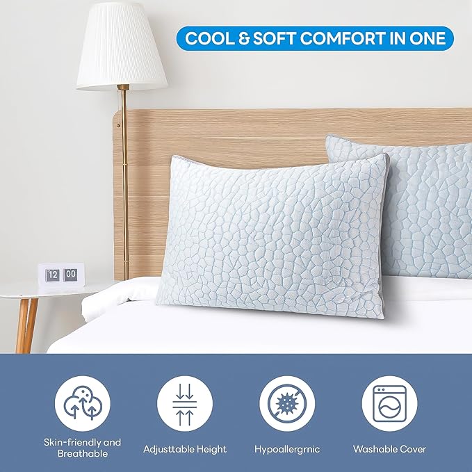 Cooling Gel Memory Foam Pillows, Hypoallergenic Dual-Sided Pillowcase Bed Pillows with Washable Cover, Adjustable Pillows Height for Side, Back and Stomach Sleepers, Queen, 50x76cm